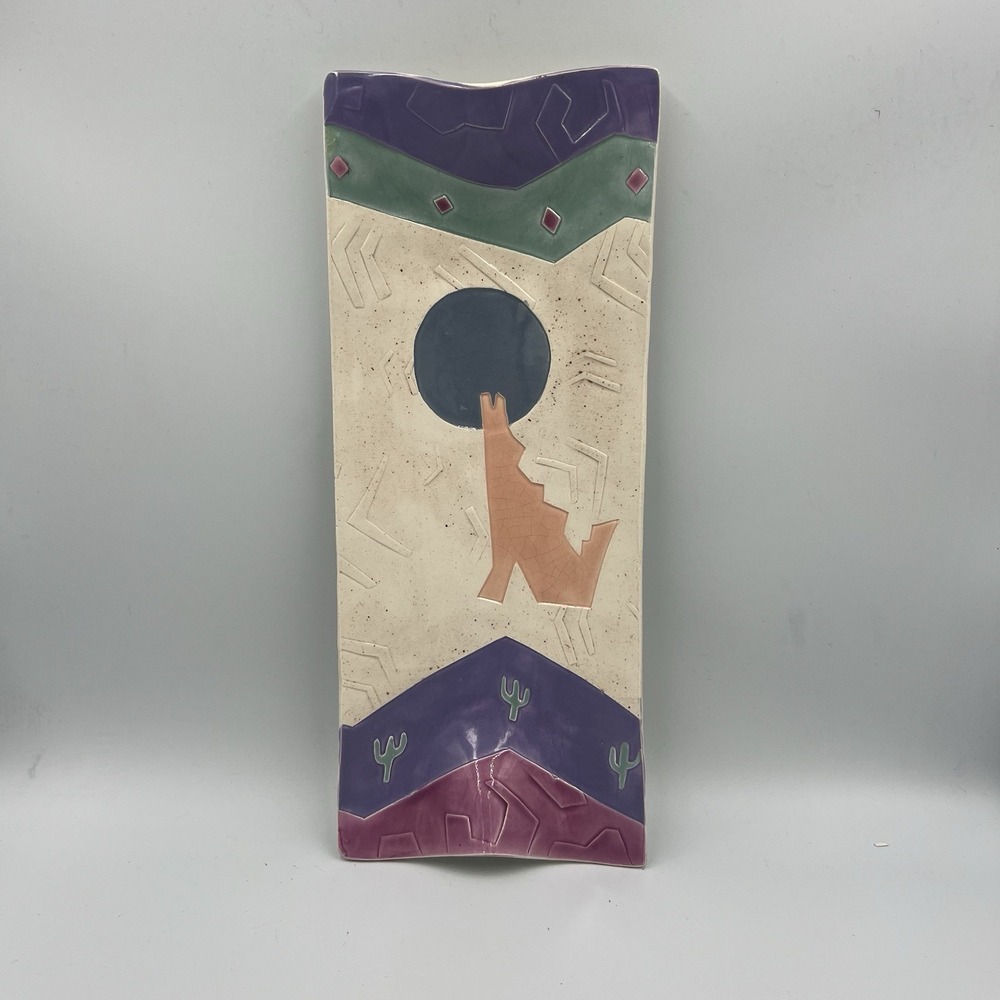 Barbara Demery Pottery Studio Signed Dish Howling Coyote‎ Southwest Moon Cactus